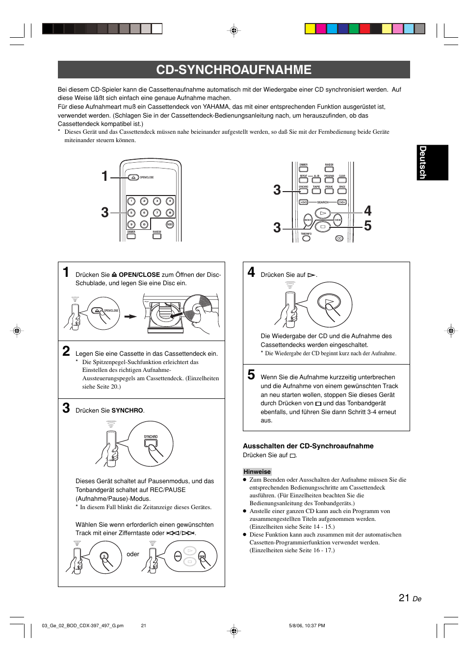 Cd-synchroaufnahme, Deutsc h | Yamaha CDX-497 User Manual | Page 73 / 228