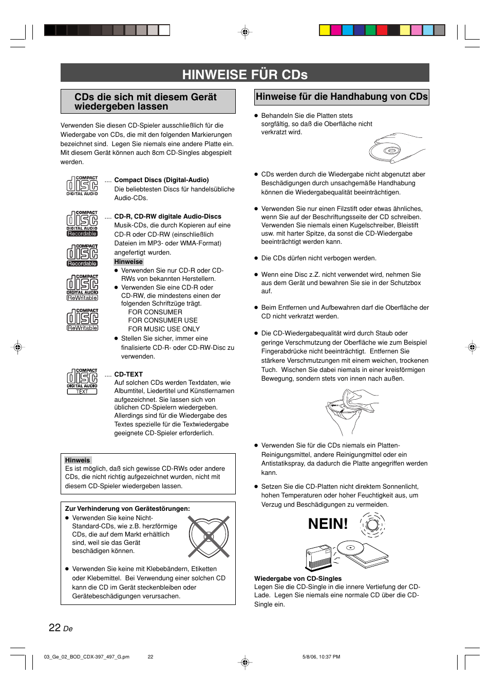 Hinweise für cds, Cds die sich mit diesem gerät wiedergeben lassen, Hinweise für die handhabung von cds | Nein | Yamaha CDX-497 User Manual | Page 74 / 228