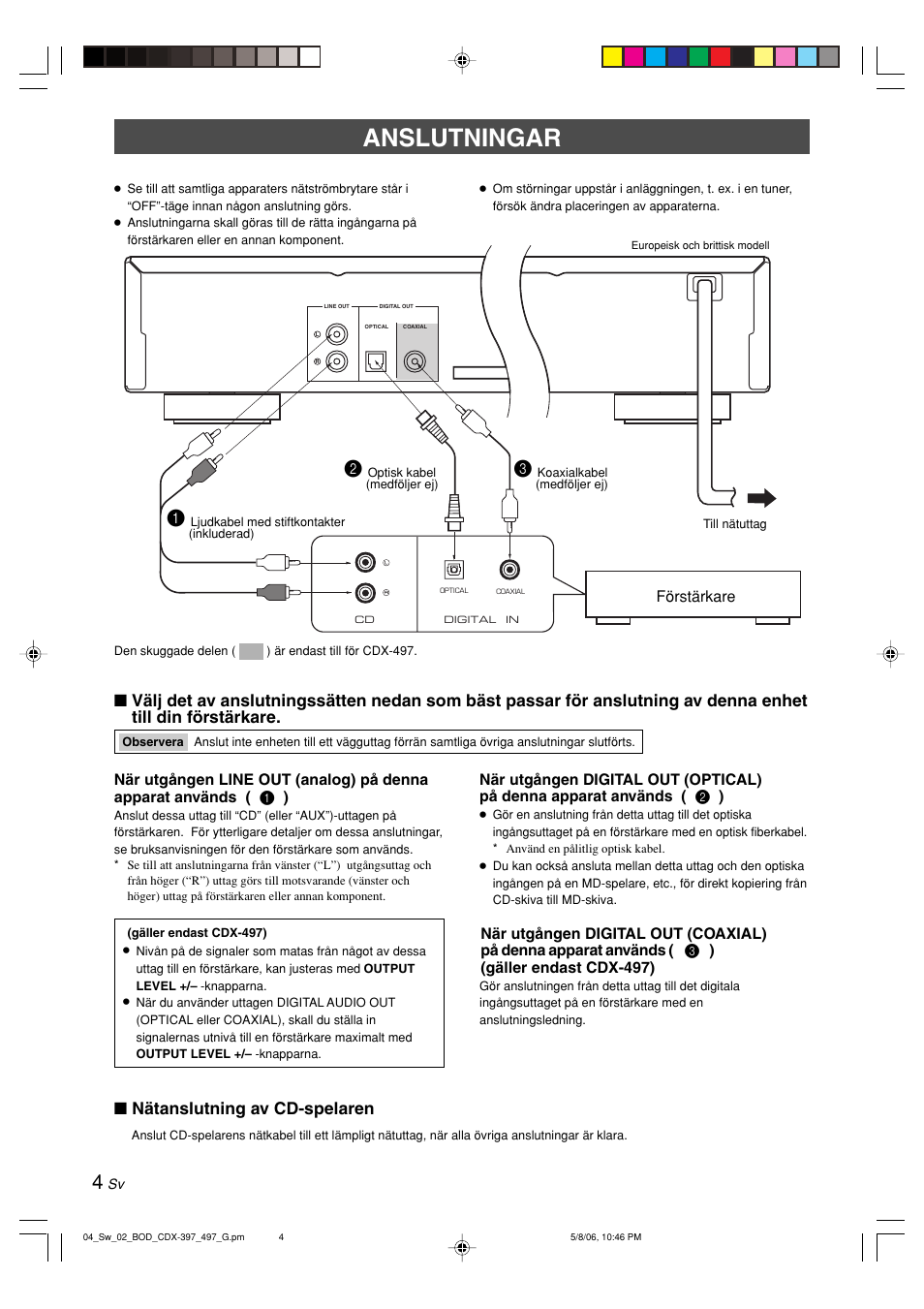 Anslutningar, Nätanslutning av cd-spelaren, Förstärkare | Yamaha CDX-497 User Manual | Page 81 / 228