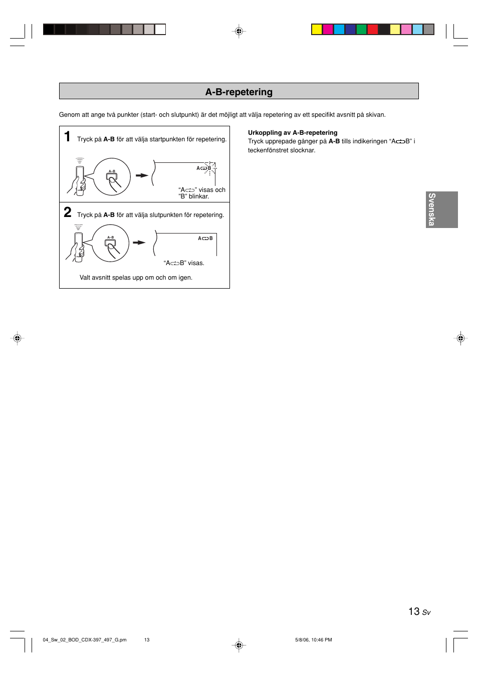 A-b-repetering, Svenska | Yamaha CDX-497 User Manual | Page 90 / 228