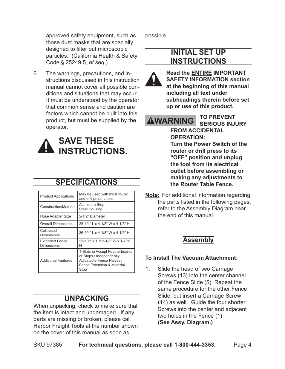 Save these instructions, Warning, Specifications | Unpacking, Initial set up instructions, Assembly | Harbor Freight Tools CENTRAL MACHINERY 97385 User Manual | Page 4 / 8