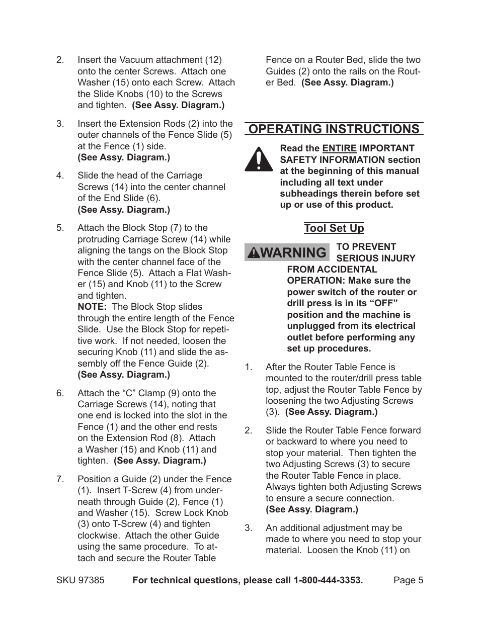 Warning, Operating instructions | Harbor Freight Tools CENTRAL MACHINERY 97385 User Manual | Page 5 / 8