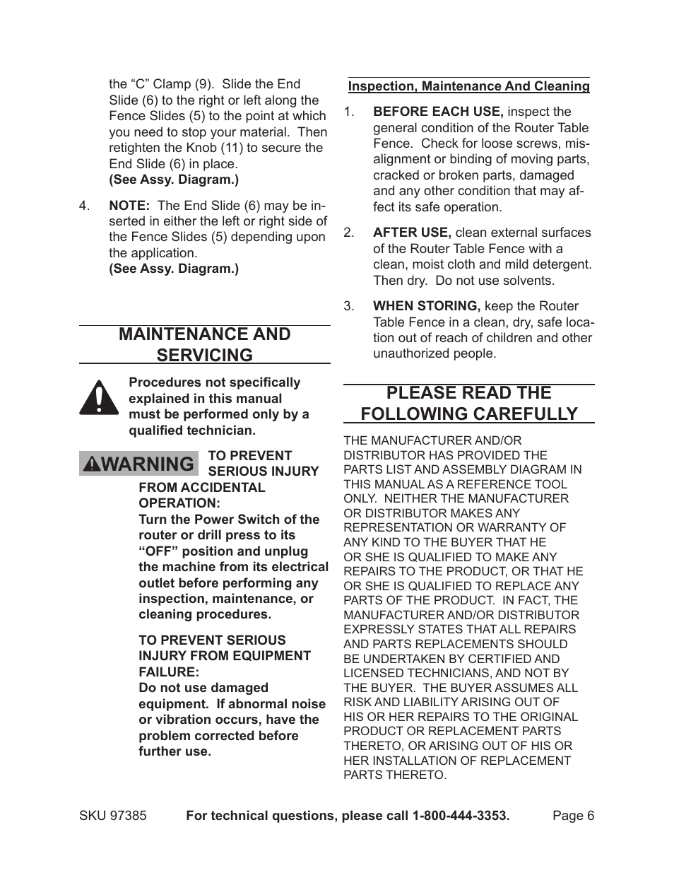 Warning, Maintenance and servicing, Please read the following carefully | Harbor Freight Tools CENTRAL MACHINERY 97385 User Manual | Page 6 / 8