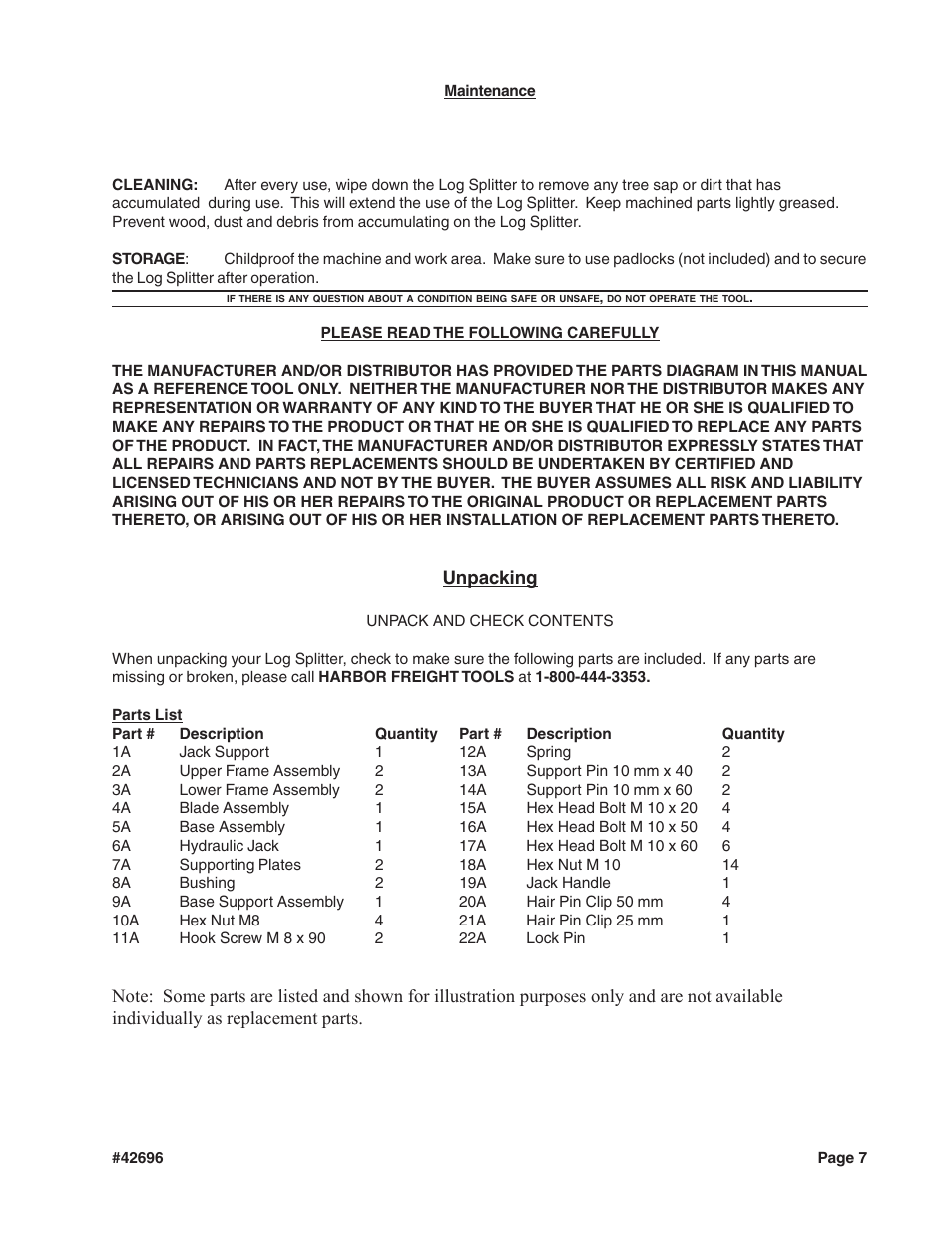 Unpacking | Harbor Freight Tools 42696 User Manual | Page 7 / 9