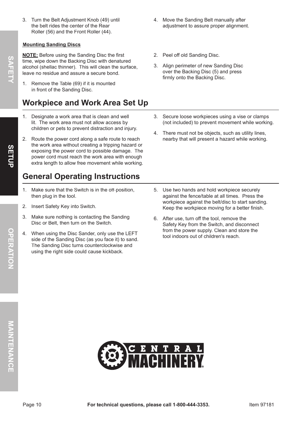 Workpiece and work area set up, General operating instructions, Safet y op era tion m aintenan c e setu p | Harbor Freight Tools 97181 User Manual | Page 10 / 16