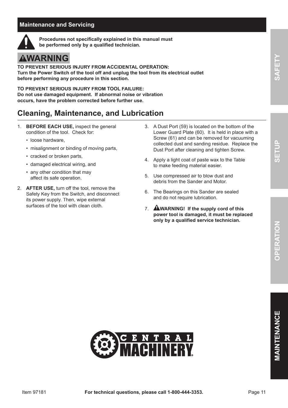 Cleaning, maintenance, and lubrication, Safet y op era tion m aintenan c e setu p | Harbor Freight Tools 97181 User Manual | Page 11 / 16