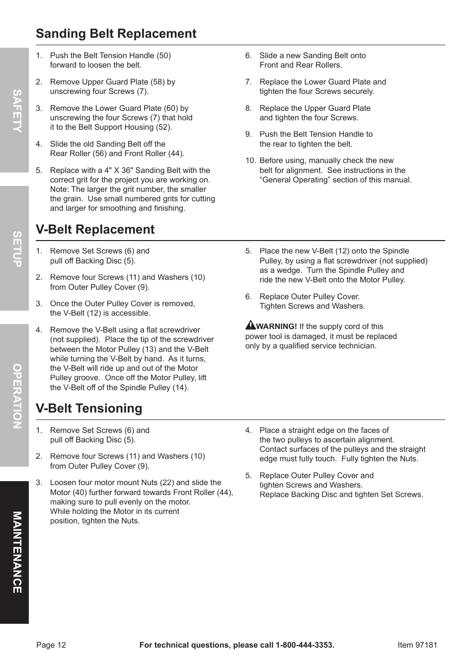 Sanding belt replacement, V-belt replacement, V-belt tensioning | Safet y op era tion m aintenan c e setu p | Harbor Freight Tools 97181 User Manual | Page 12 / 16