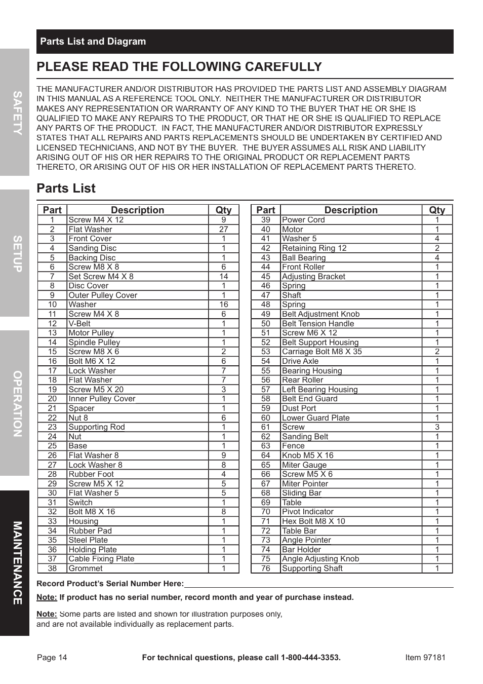 Parts list, Safet y op era tion m aintenan c e setu p | Harbor Freight Tools 97181 User Manual | Page 14 / 16