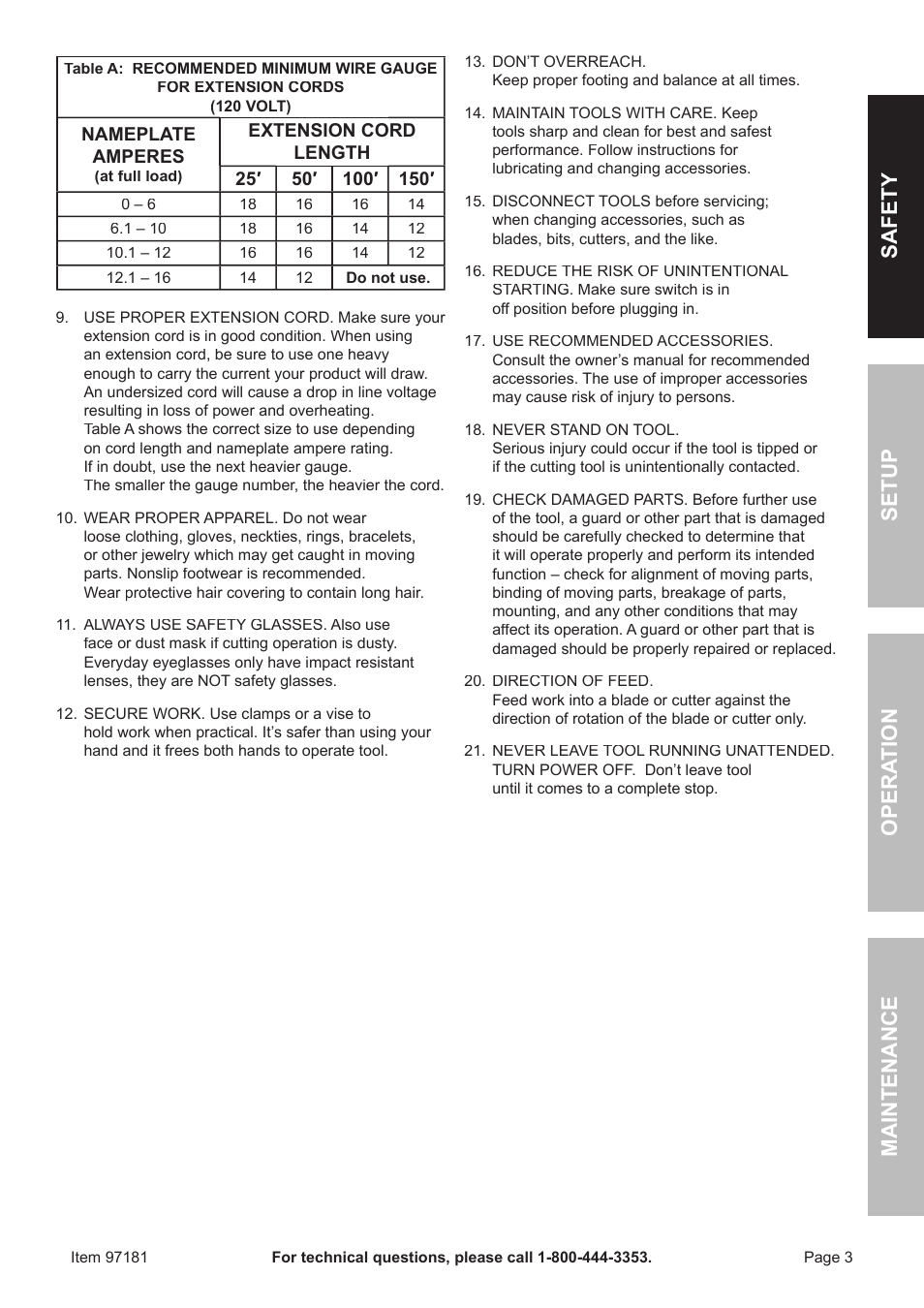 Safet y op era tion m aintenan c e setu p | Harbor Freight Tools 97181 User Manual | Page 3 / 16