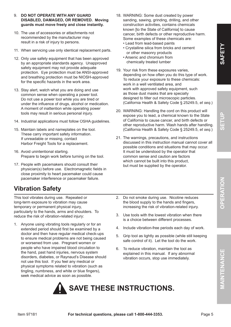 Save these instructions, Vibration safety, Safet y op era tion m aintenan c e setu p | Harbor Freight Tools 97181 User Manual | Page 5 / 16