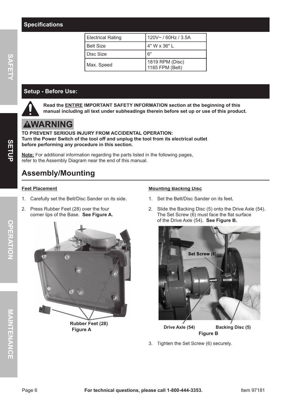 Assembly/mounting, Safet y op era tion m aintenan c e setu p | Harbor Freight Tools 97181 User Manual | Page 6 / 16