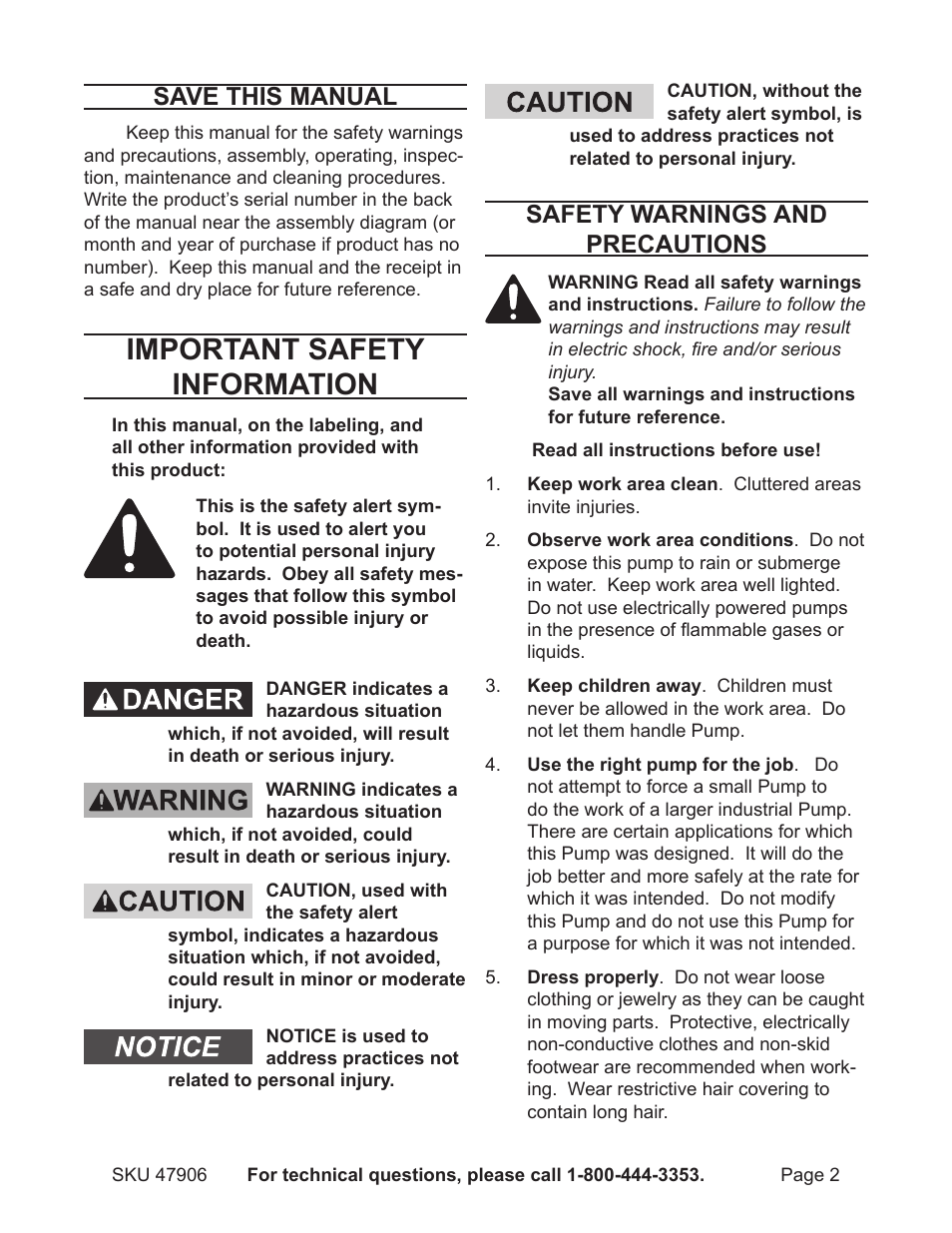 Important safety information, Save this manual, Safety warnings and precautions | Harbor Freight Tools 47906 User Manual | Page 2 / 13