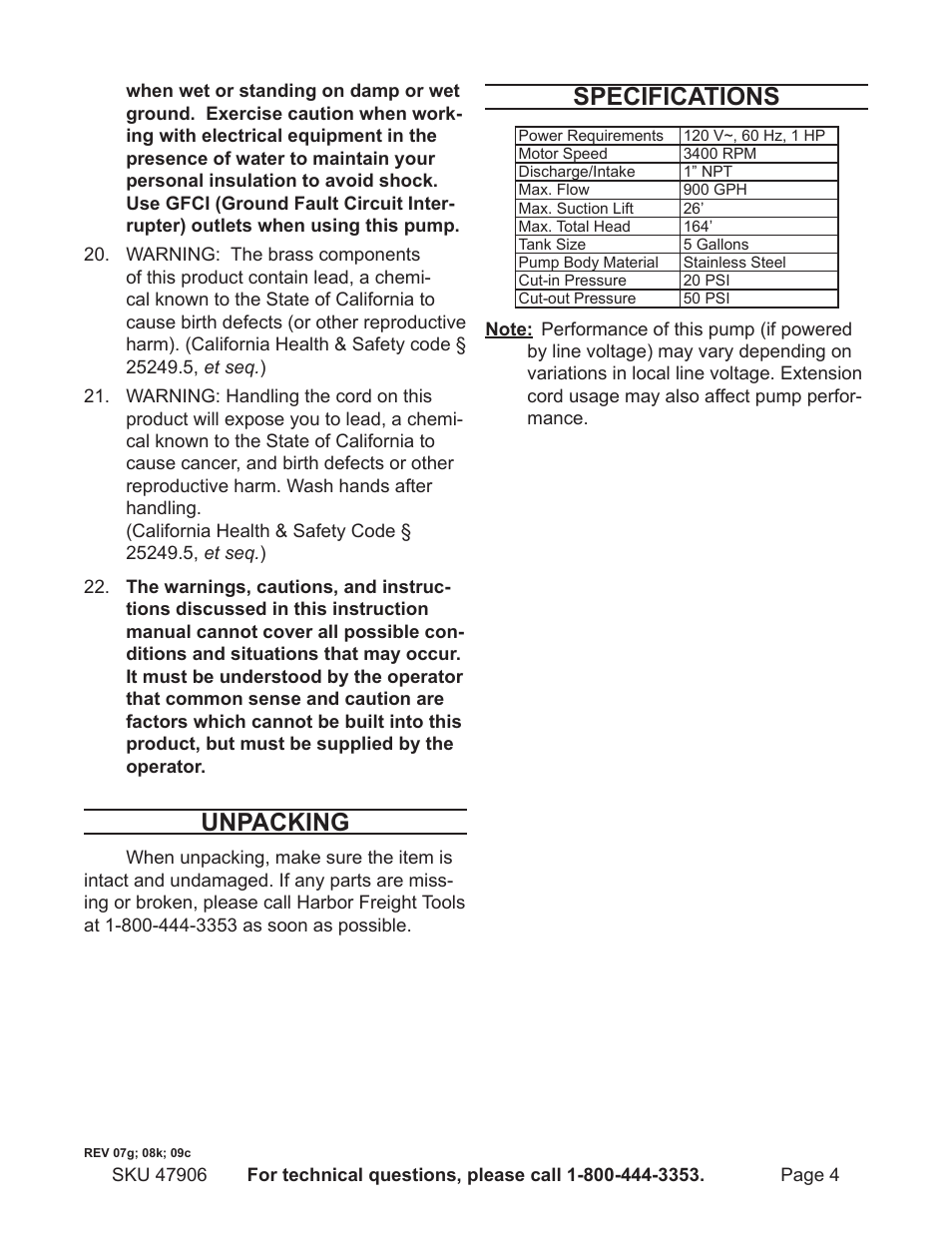 Unpacking, Specifications | Harbor Freight Tools 47906 User Manual | Page 4 / 13