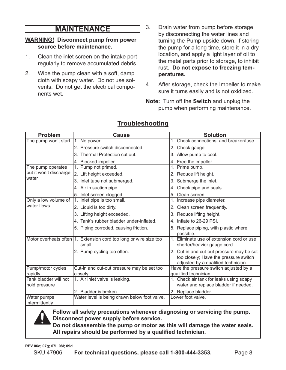 Maintenance, Troubleshooting | Harbor Freight Tools 47906 User Manual | Page 8 / 13