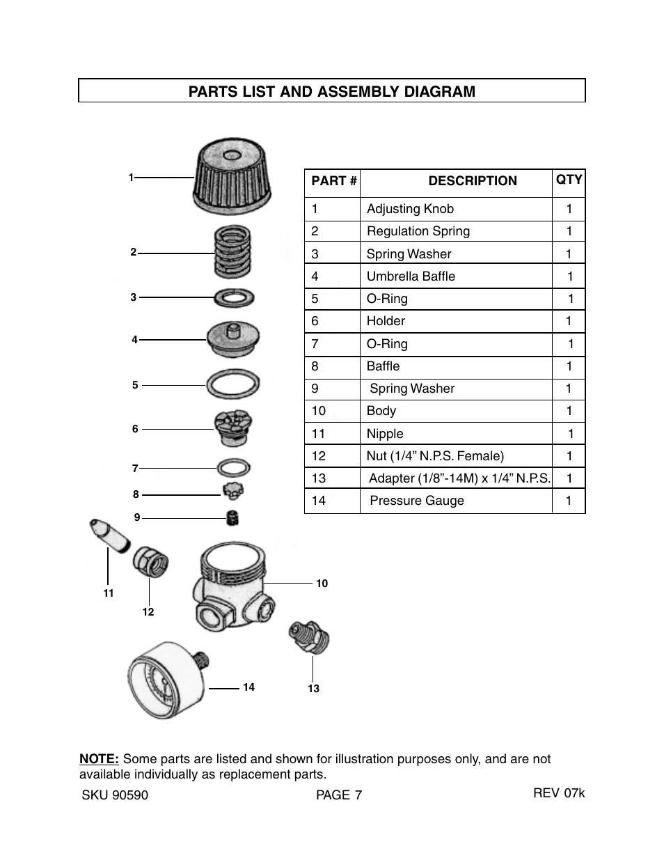 Parts list and assembly diagram | Harbor Freight Tools CENTRAL PNEUMATIC 90590 User Manual | Page 7 / 7