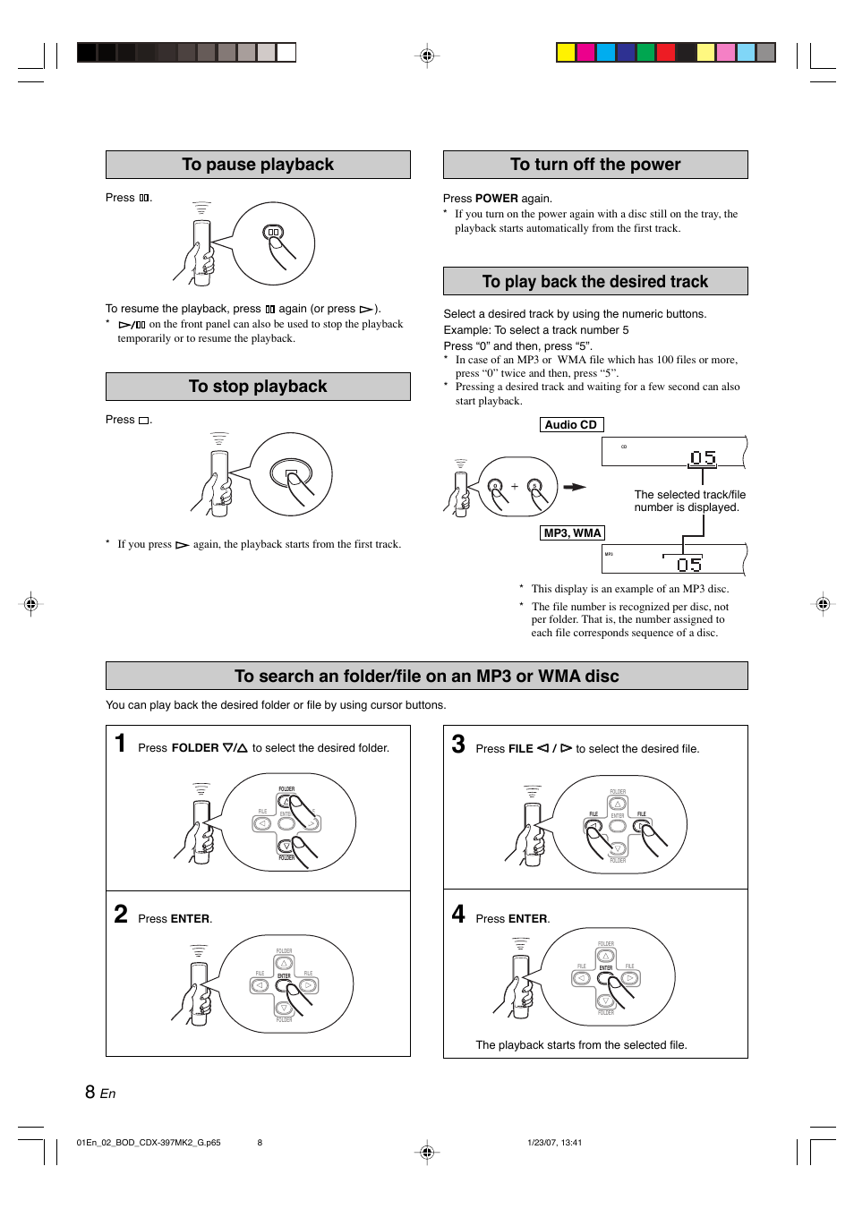 To pause playback, To stop playback, To turn off the power | To play back the desired track, To search an folder/file on an mp3 or wma disc | Yamaha CDX-397MK2 User Manual | Page 10 / 228