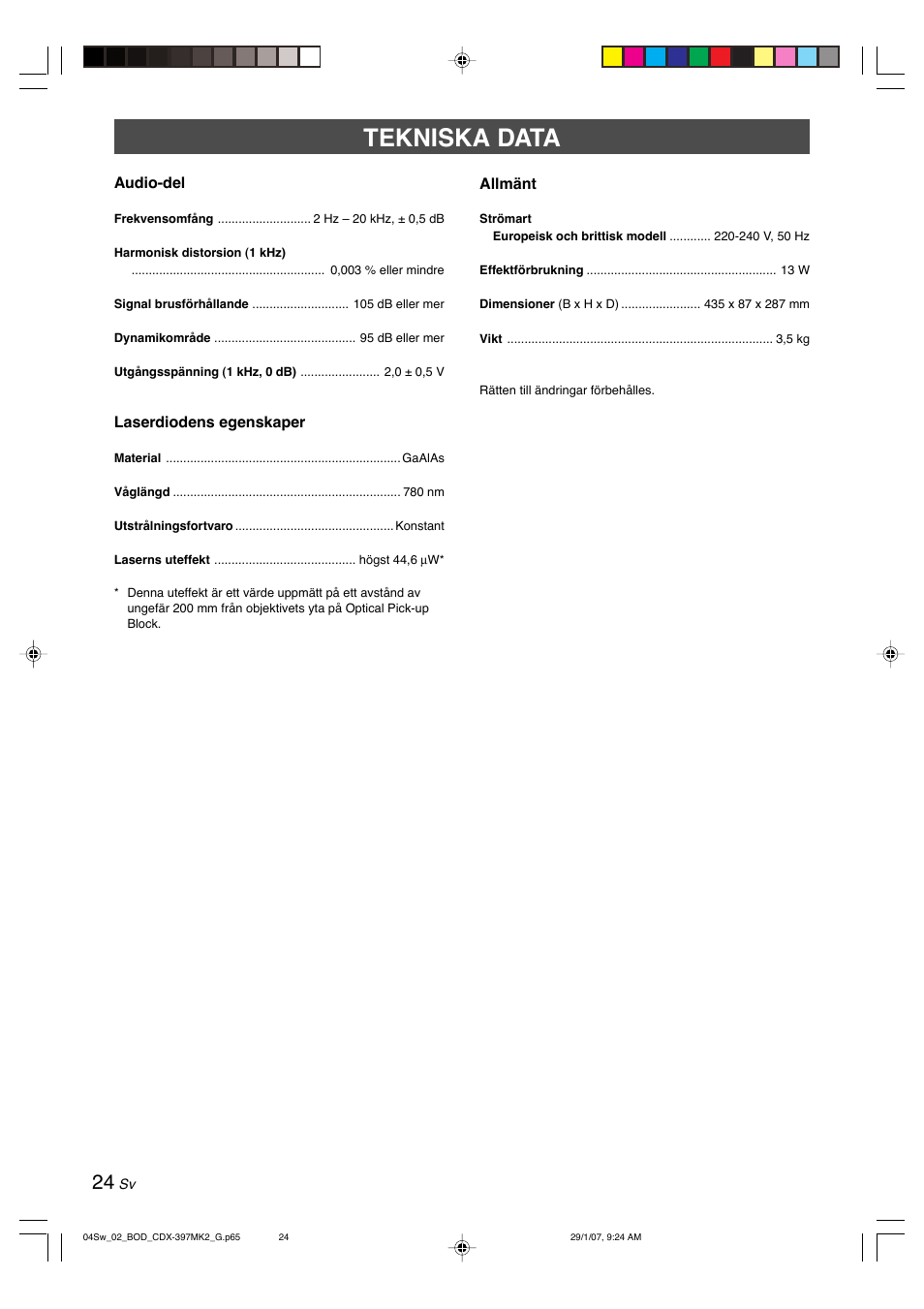 Tekniska data | Yamaha CDX-397MK2 User Manual | Page 101 / 228