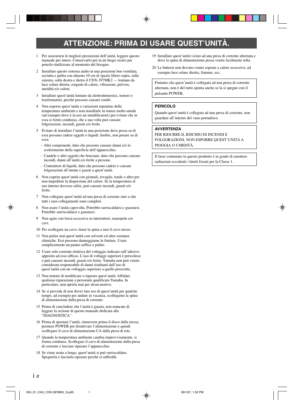 Italiano, Attenzione: prima di usare quest’unità | Yamaha CDX-397MK2 User Manual | Page 102 / 228