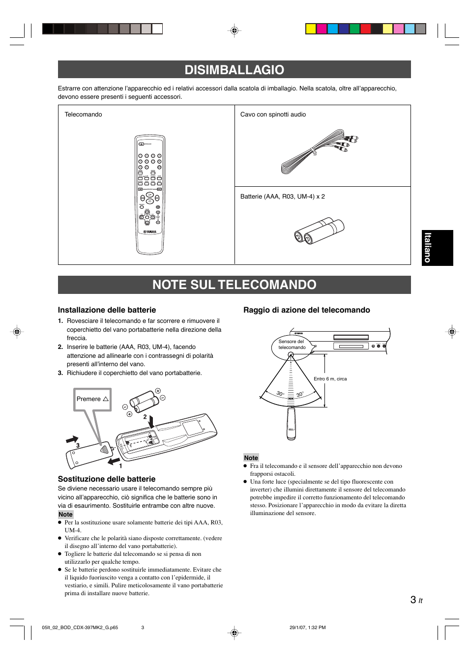 Disimballagio, Note sul telecomando, Italiano | Installazione delle batterie, Sostituzione delle batterie, Raggio di azione del telecomando, Premere | Yamaha CDX-397MK2 User Manual | Page 105 / 228