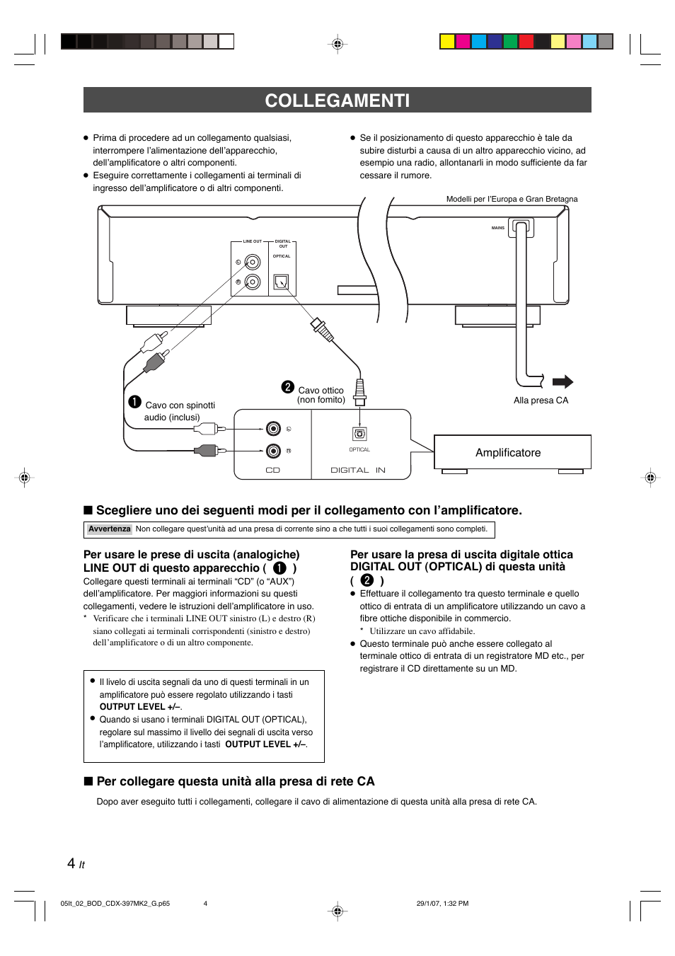 Collegamenti, Per collegare questa unità alla presa di rete ca, Amplificatore | Yamaha CDX-397MK2 User Manual | Page 106 / 228