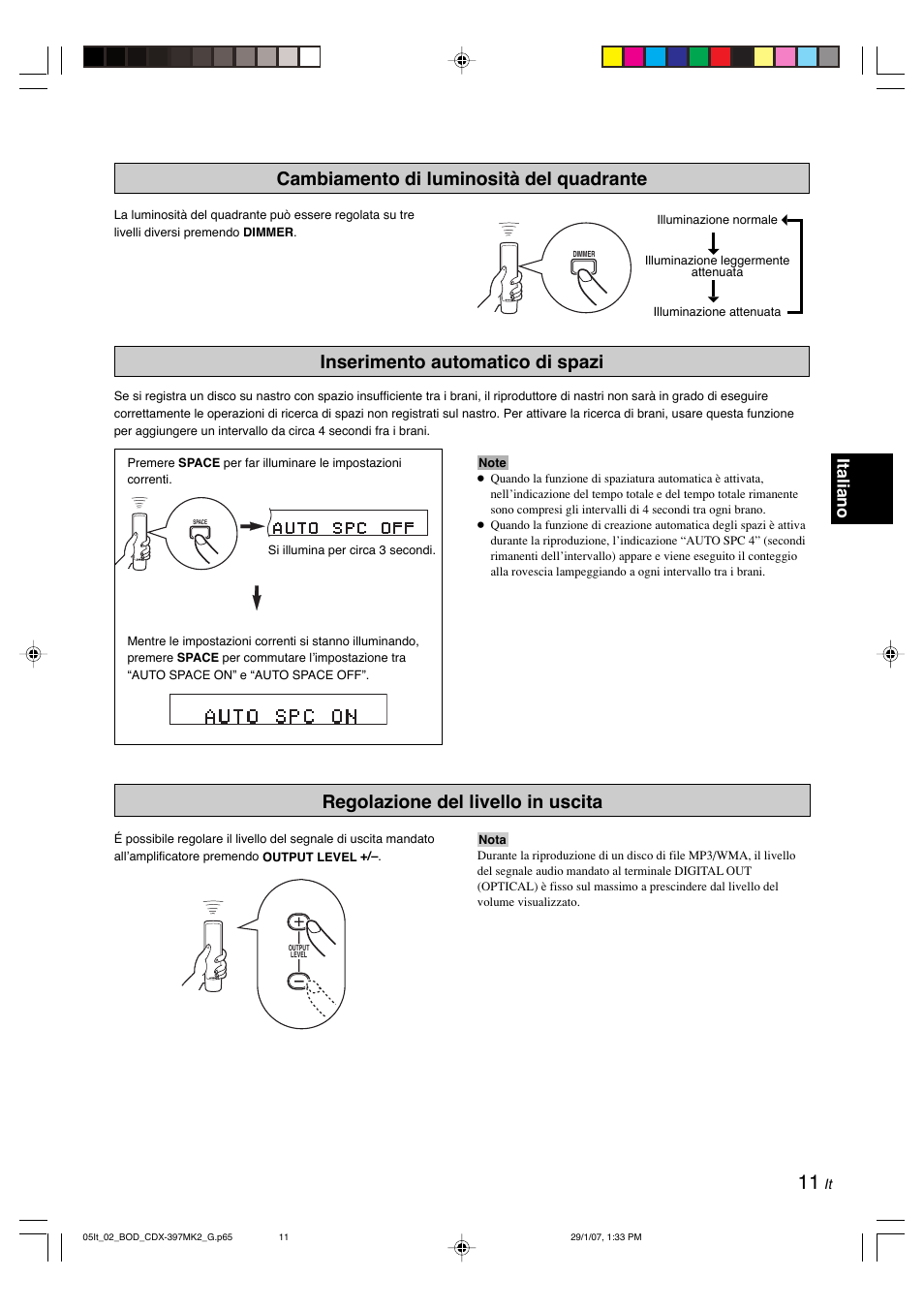 Cambiamento di luminosità del quadrante, Inserimento automatico di spazi, Regolazione del livello in uscita | Italiano | Yamaha CDX-397MK2 User Manual | Page 113 / 228