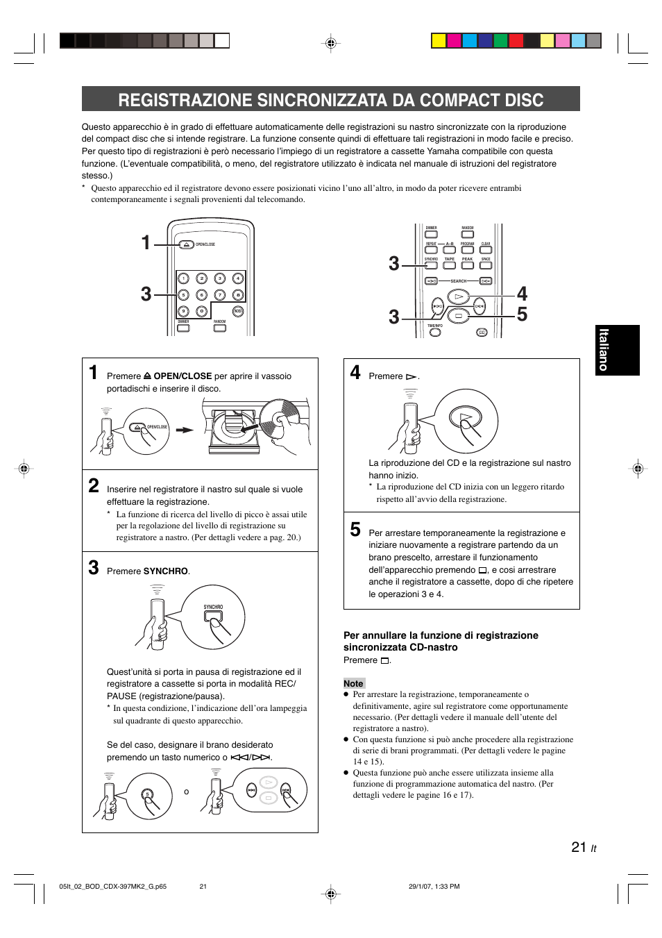 Registrazione sincronizzata da compact disc, Italiano | Yamaha CDX-397MK2 User Manual | Page 123 / 228