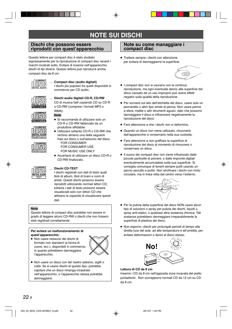 Note sui dischi, Note su come managgiare i compact disc | Yamaha CDX-397MK2 User Manual | Page 124 / 228