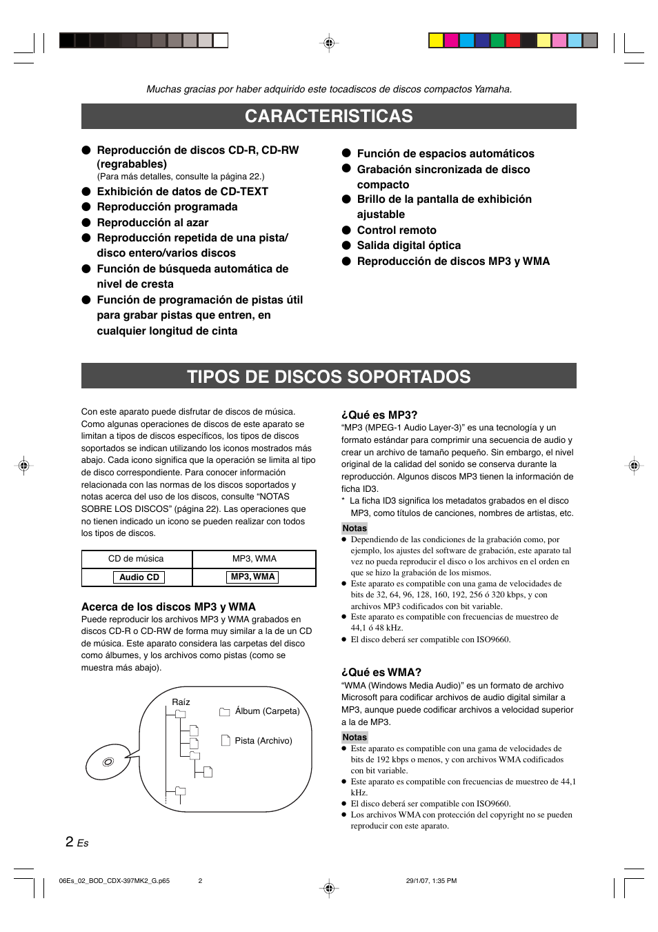 Caracteristicas, Tipos de discos soportados | Yamaha CDX-397MK2 User Manual | Page 129 / 228