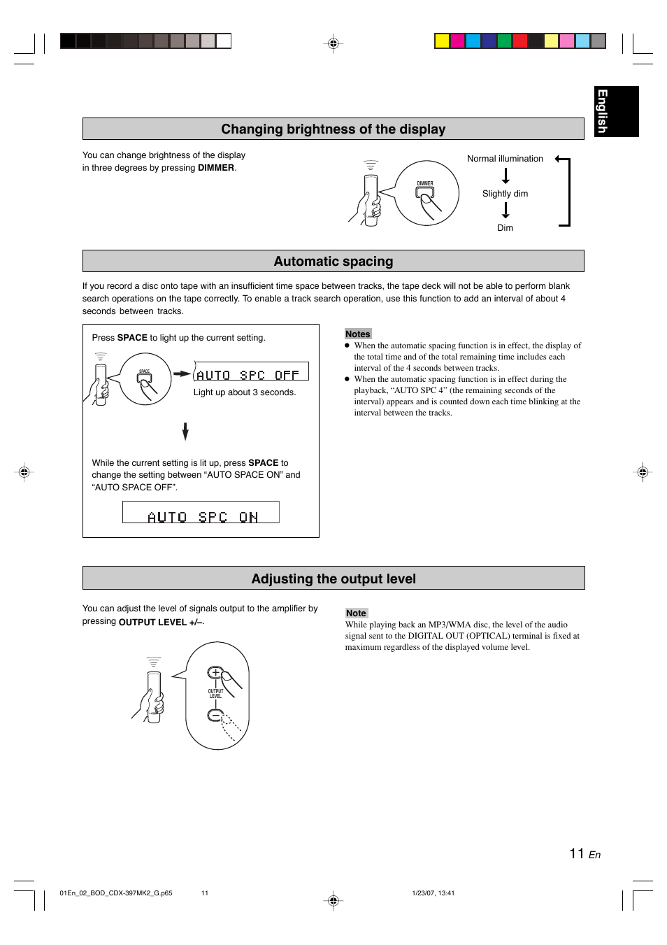 Changing brightness of the display, Automatic spacing, Adjusting the output level | English | Yamaha CDX-397MK2 User Manual | Page 13 / 228