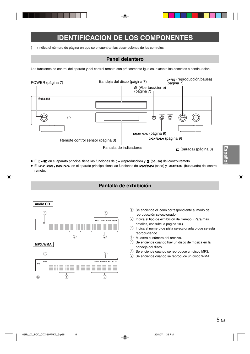 Identificacion de los componentes, Panel delantero, Pantalla de exhibición | Panel delantero pantalla de exhibición, Español | Yamaha CDX-397MK2 User Manual | Page 132 / 228