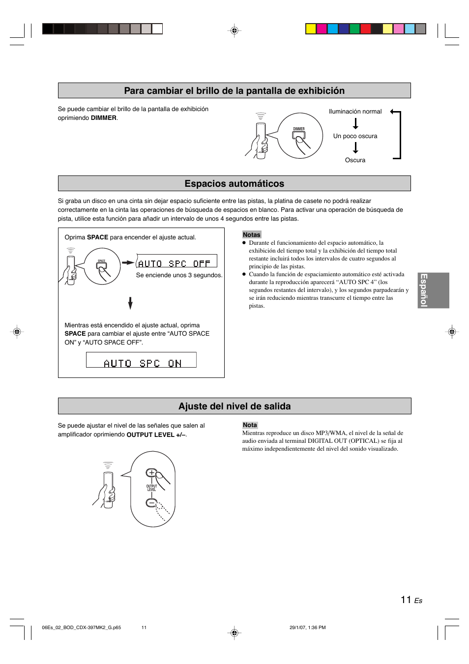 Espacios automáticos, Ajuste del nivel de salida, Español | Yamaha CDX-397MK2 User Manual | Page 138 / 228