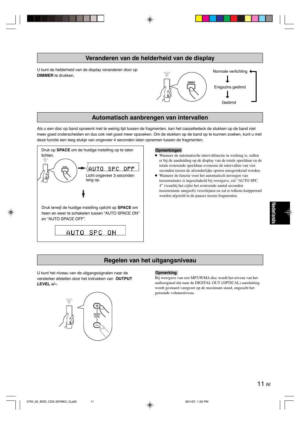 Veranderen van de helderheid van de display, Automatisch aanbrengen van intervallen, Regelen van het uitgangsniveau | English, Nederlands | Yamaha CDX-397MK2 User Manual | Page 163 / 228