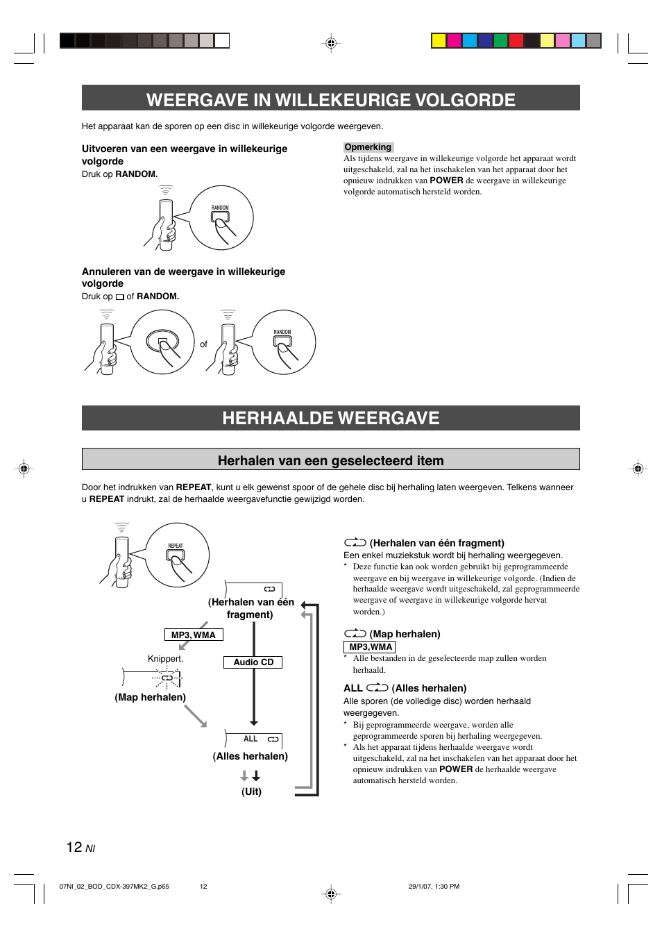 Weergave in willekeurige volgorde, Herhaalde weergave, Herhalen van een geselecteerd item | Yamaha CDX-397MK2 User Manual | Page 164 / 228