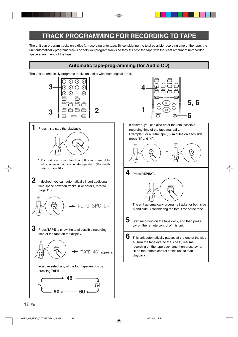 Track programming for recording to tape, Automatic tape-programming (for audio cd), Tape 46 | Yamaha CDX-397MK2 User Manual | Page 18 / 228