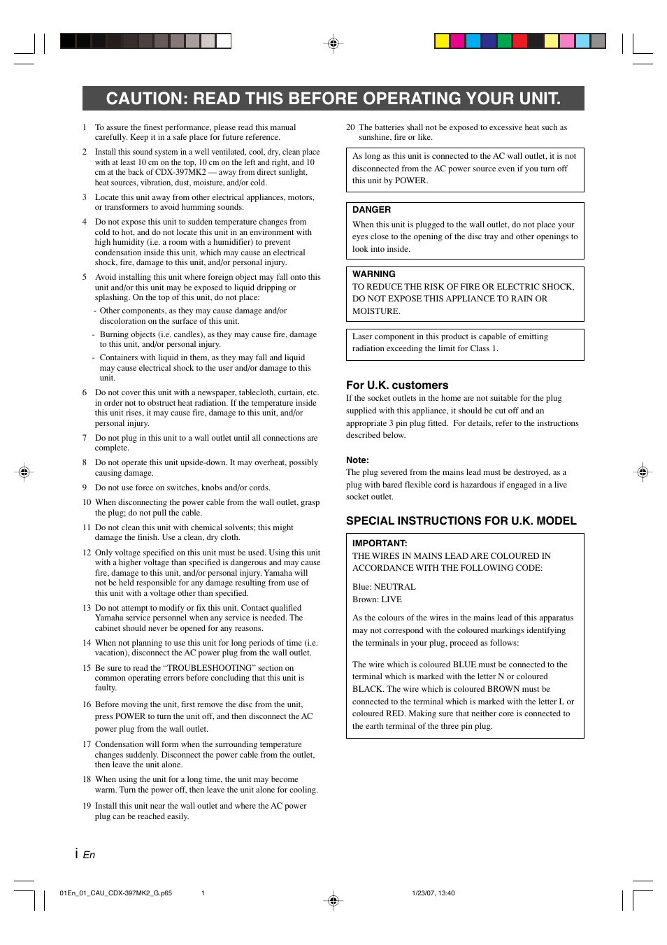 English, Caution: read this before operating your unit, For u.k. customers | Special instructions for u.k. model | Yamaha CDX-397MK2 User Manual | Page 2 / 228