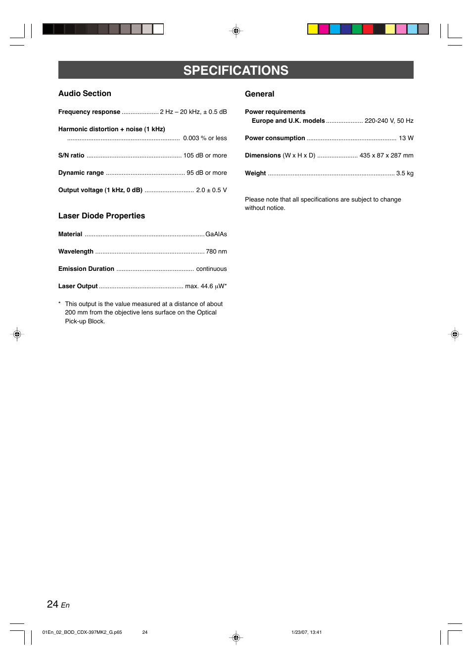 Specifications | Yamaha CDX-397MK2 User Manual | Page 26 / 228