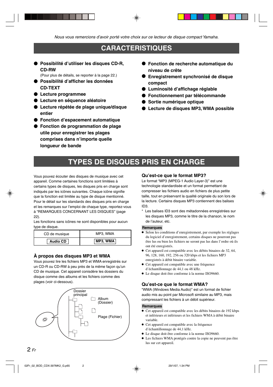 Caracteristiques, Types de disques pris en charge | Yamaha CDX-397MK2 User Manual | Page 29 / 228