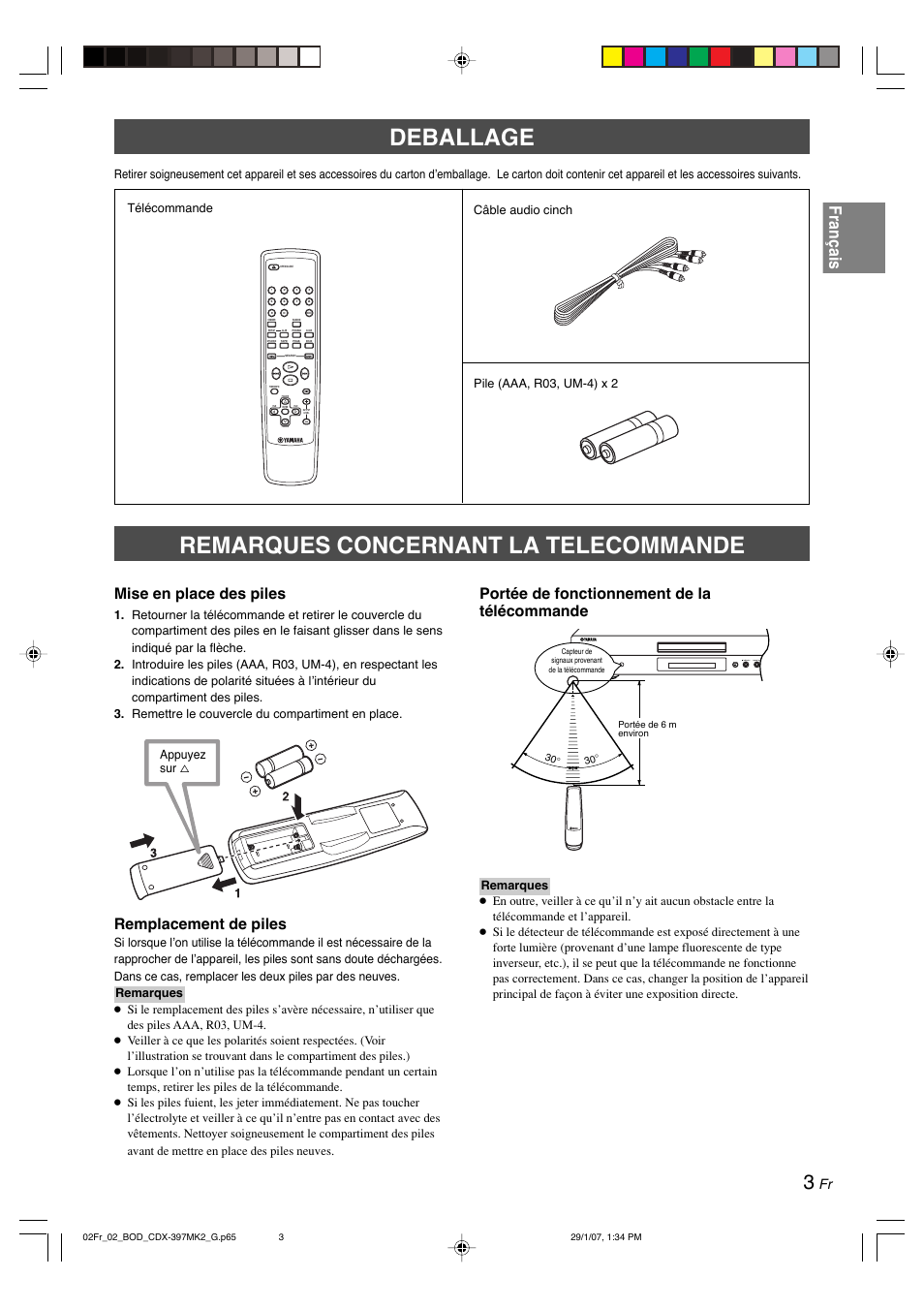 Deballage, Remarques concernant la telecommande, Deballage remarques concernant la telecommande | Français, Mise en place des piles, Remplacement de piles, Portée de fonctionnement de la télécommande, Appuyez sur | Yamaha CDX-397MK2 User Manual | Page 30 / 228