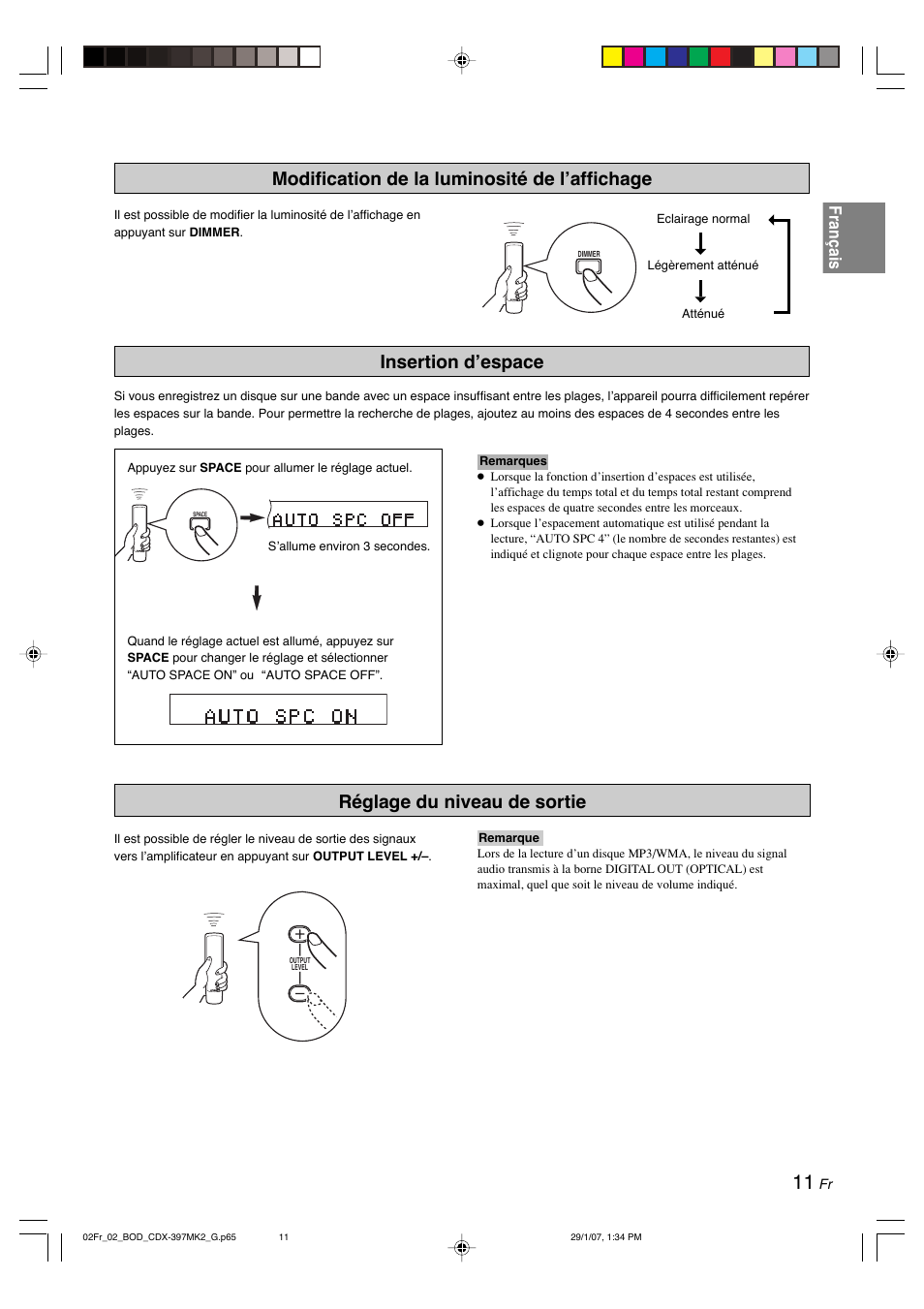 Modification de la luminosité de l’affichage, Insertion d’espace, Réglage du niveau de sortie | Français | Yamaha CDX-397MK2 User Manual | Page 38 / 228