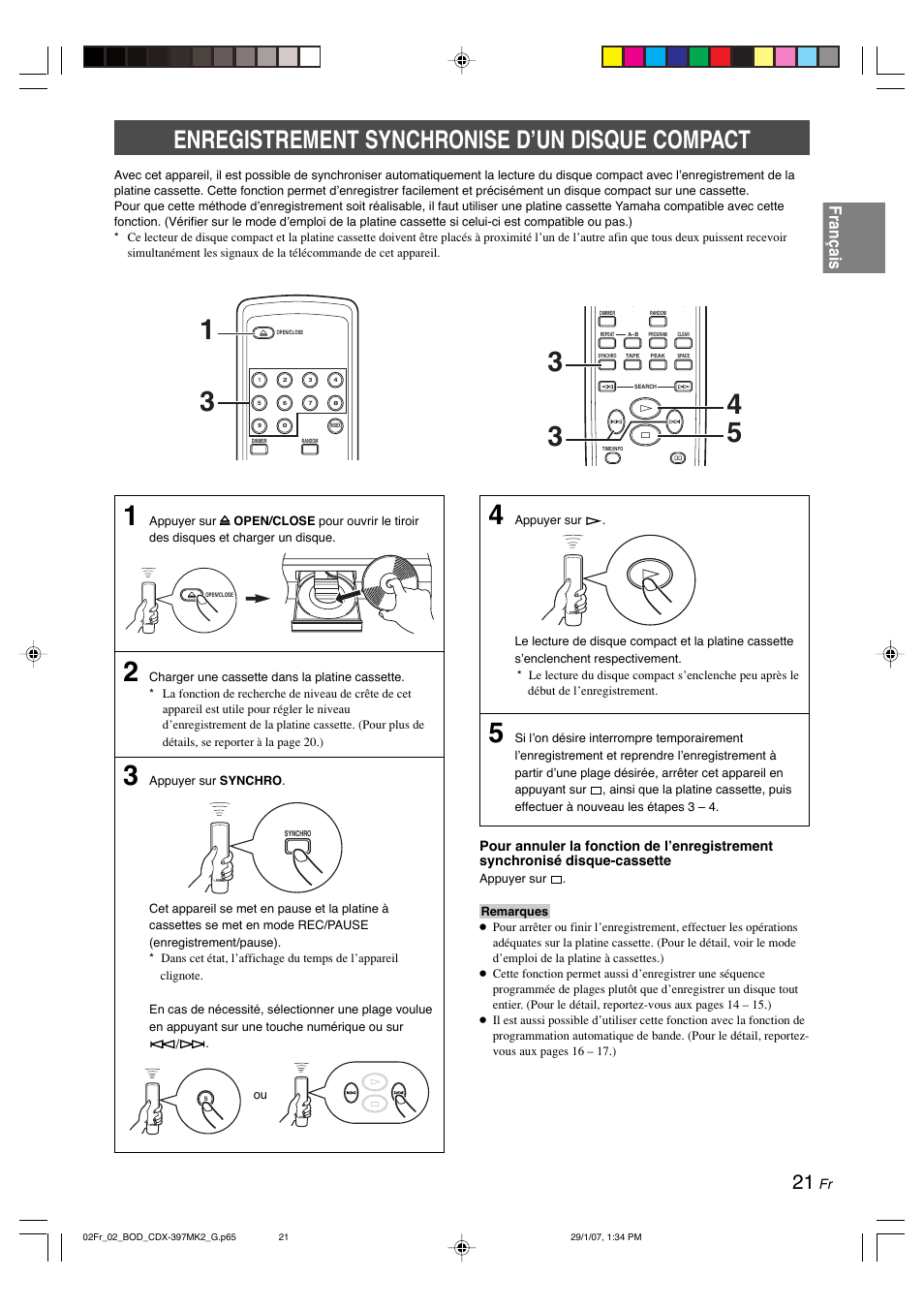 Enregistrement synchronise d’un disque compact, Français | Yamaha CDX-397MK2 User Manual | Page 48 / 228