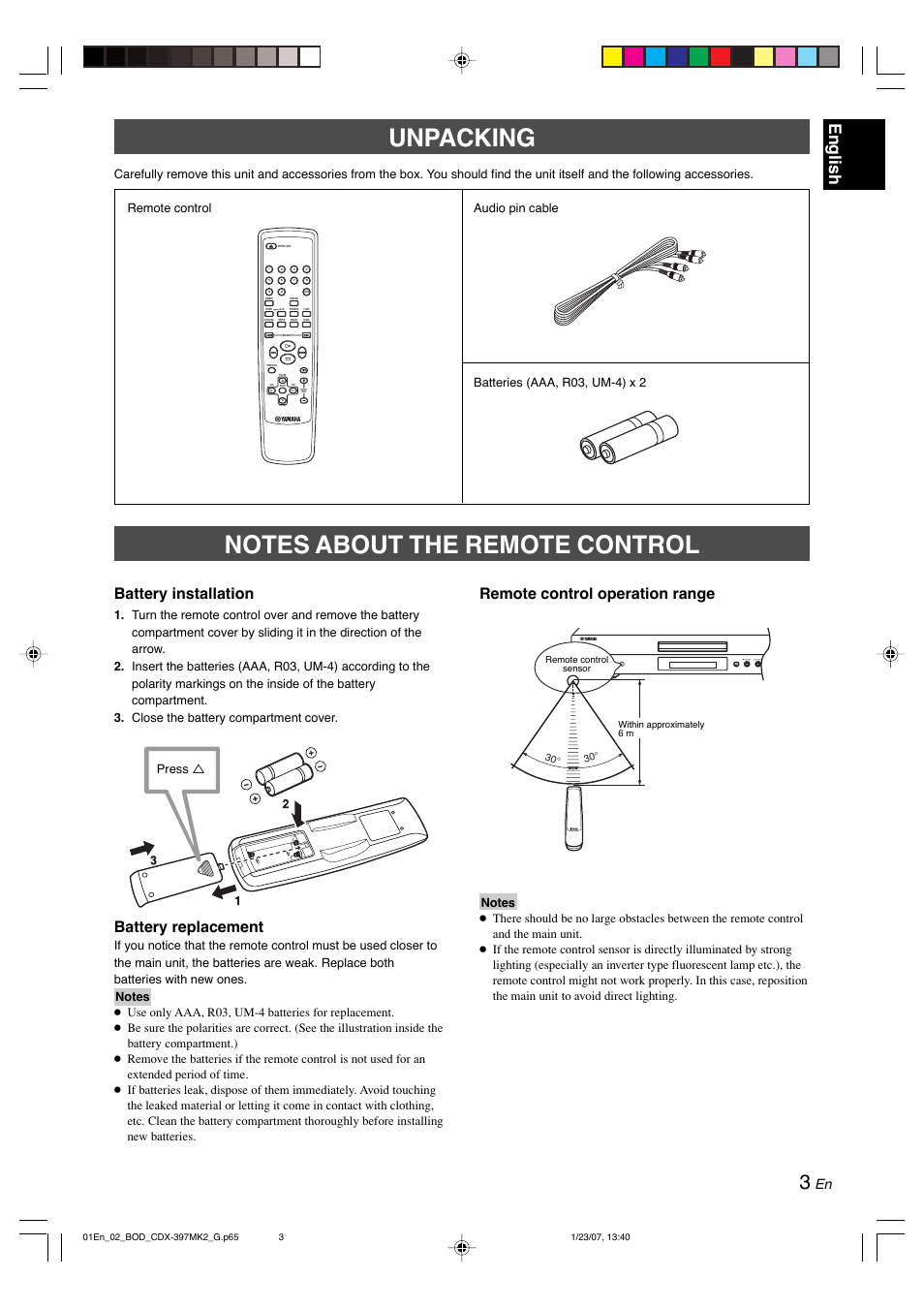 Unpacking, Notes about the remote control, English | Remote control operation range, Battery installation, Battery replacement, Press | Yamaha CDX-397MK2 User Manual | Page 5 / 228