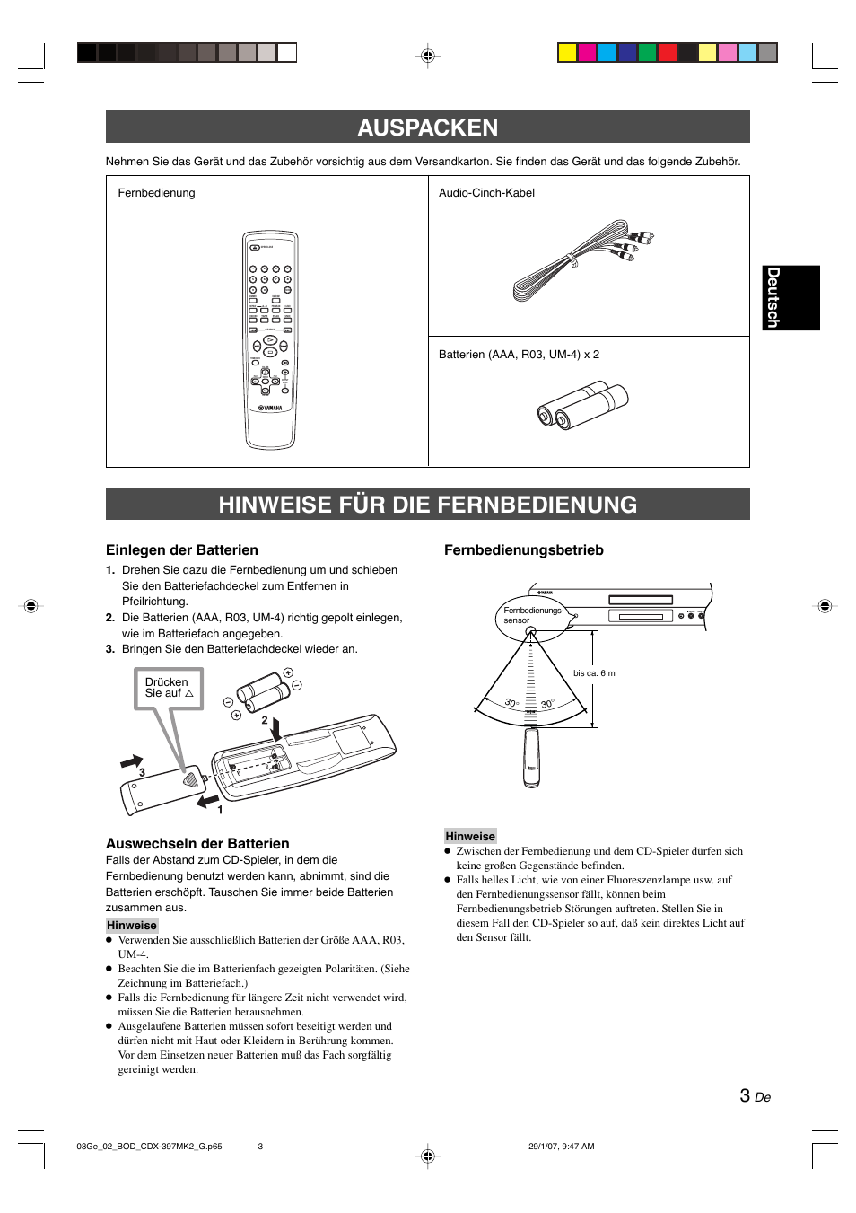 Auspacken, Hinweise für die fernbedienung, Auspacken hinweise für die fernbedienung | Deutsc h, Einlegen der batterien, Auswechseln der batterien, Fernbedienungsbetrieb, Drücken sie auf | Yamaha CDX-397MK2 User Manual | Page 55 / 228