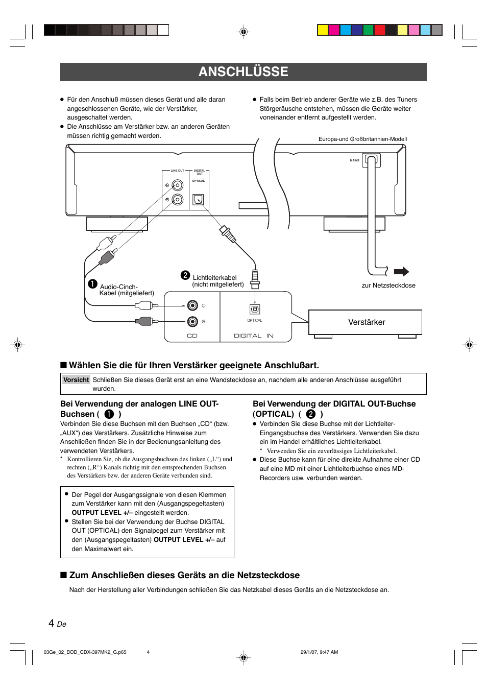 Anschlüsse, Zum anschließen dieses geräts an die netzsteckdose, Bei verwendung der digital out-buchse (optical) | Verstärker, Bei verwendung der analogen line out- buchsen | Yamaha CDX-397MK2 User Manual | Page 56 / 228