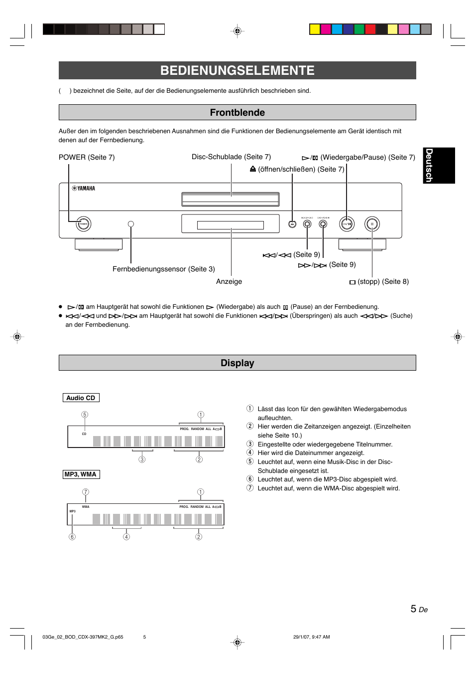 Bedienungselemente, Frontblende, Display | Frontblende display, Deutsc h | Yamaha CDX-397MK2 User Manual | Page 57 / 228