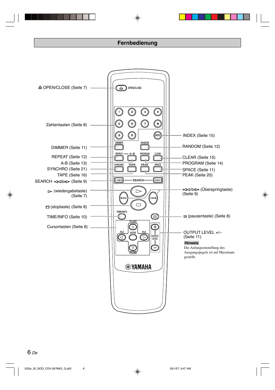 Fernbedienung | Yamaha CDX-397MK2 User Manual | Page 58 / 228