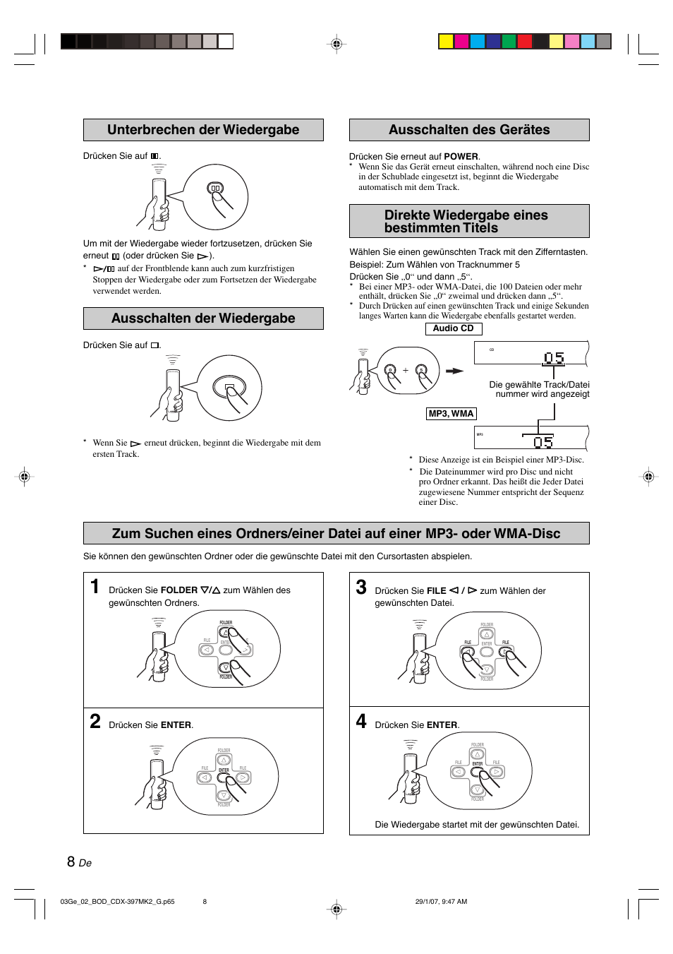 Unterbrechen der wiedergabe, Ausschalten der wiedergabe, Ausschalten des gerätes | Direkte wiedergabe eines bestimmten titels | Yamaha CDX-397MK2 User Manual | Page 60 / 228