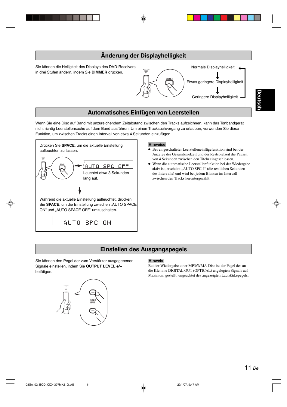 Änderung der displayhelligkeit, Automatisches einfügen von leerstellen, Einstellen des ausgangspegels | Deutsc h | Yamaha CDX-397MK2 User Manual | Page 63 / 228