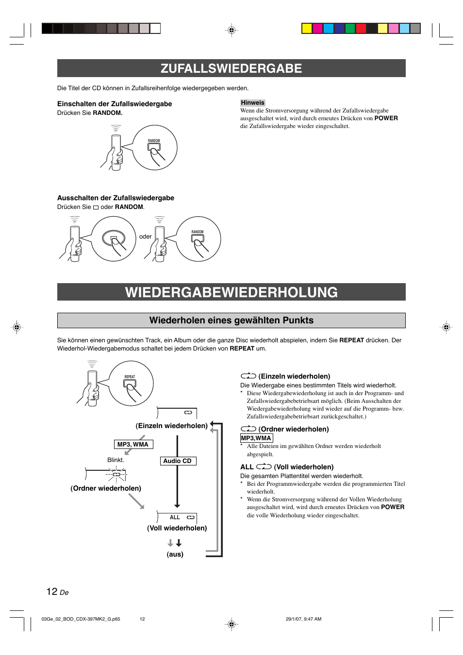 Zufallswiedergabe, Wiedergabewiederholung, Wiederholen eines gewählten punkts | Yamaha CDX-397MK2 User Manual | Page 64 / 228