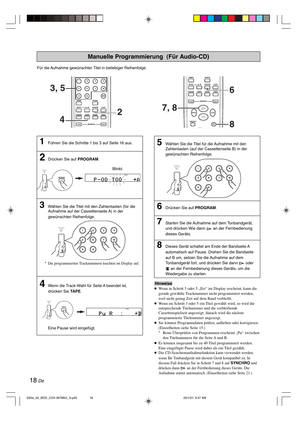 Manuelle programmierung (für audio-cd) | Yamaha CDX-397MK2 User Manual | Page 70 / 228