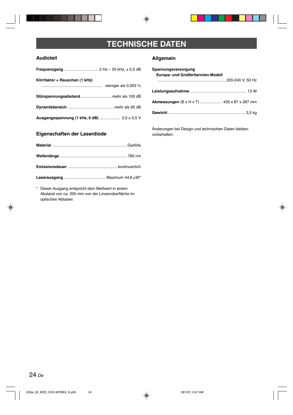 Technische daten | Yamaha CDX-397MK2 User Manual | Page 76 / 228